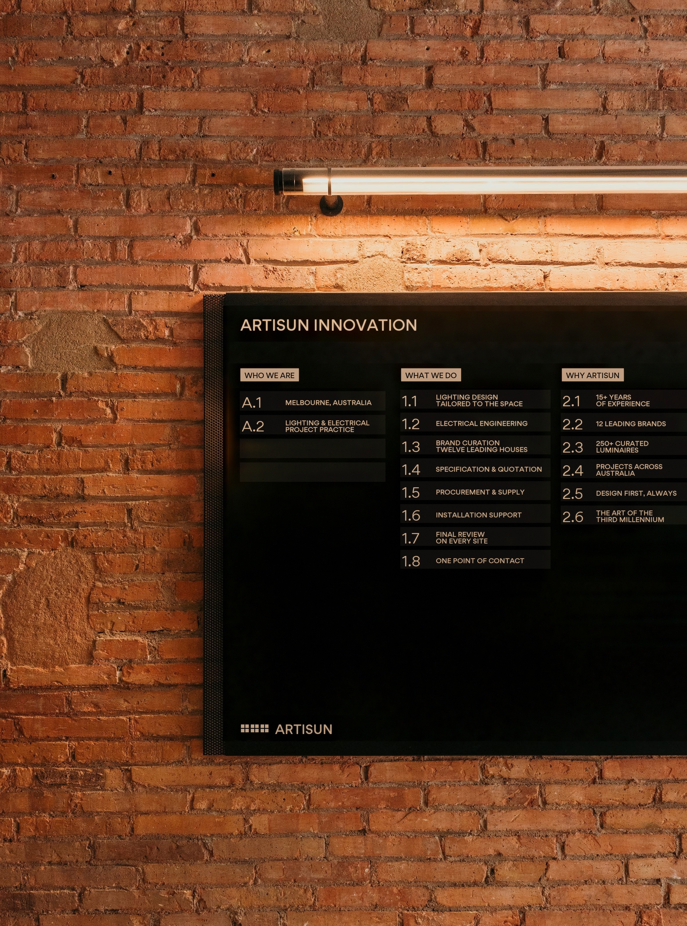Artisun Innovation directory board on a brick wall