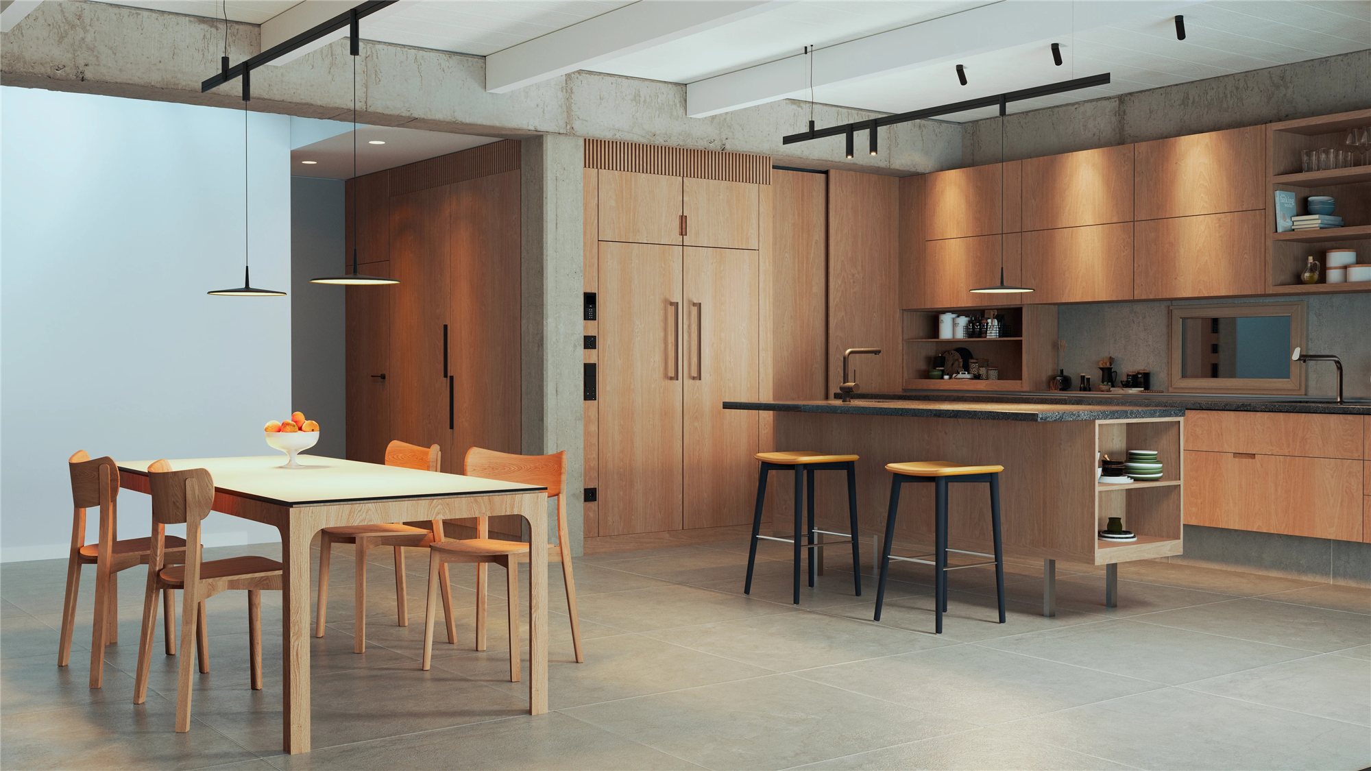 Residential kitchen with track-mounted spots and slim disc pendants over timber joinery